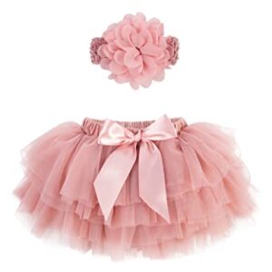 Simplicity Toddler Girls Tutu Skirt with Inner Shorts Baby Tutu Skirt w/Flower Headband Newborn Photography Outfits Girl,Bean Sand,0-6 Months