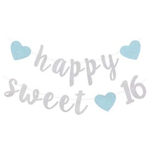 happy sweet 16 banner 16th birthday party sign decoration bunting – glitter silver