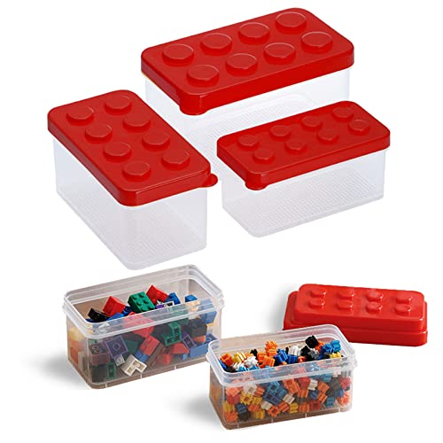 Mivofun Small Toys Storage Containers Set of 3, Organizers Bin with Brick Shaped Lids, for Building Blocks Parts, Puzzles, Small Items, Crafts, Jewelry, Hardware - Plastic Chest