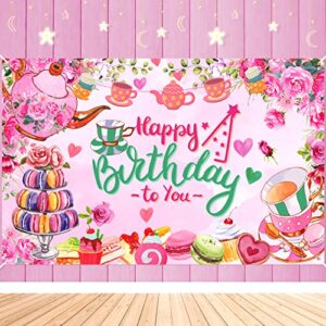 floral tea party decorations floral happy birthday banner large pink floral teapot themed birthday photo booth backdrop background for birthday baby shower anniversary tea party supplies 71 * 44 inch