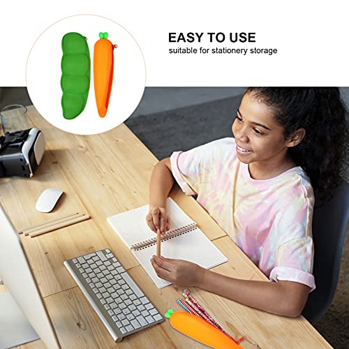 NUOBESTY 2pcs Silicone Pencil Bag Pea and Carrot Shape Pencil Case Makeup Tool Pouch Zipper Stationery Pouch Pencil Holder Organizers for Kids Students