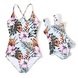 IFFEI Family Matching Swimsuits One Piece Monokini Set Floral Print Matching Swimwear Mommy and Me Bathing Suits Women's-Large Light Blue
