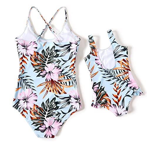 IFFEI Family Matching Swimsuits One Piece Monokini Set Floral Print Matching Swimwear Mommy and Me Bathing Suits Women's-Large Light Blue