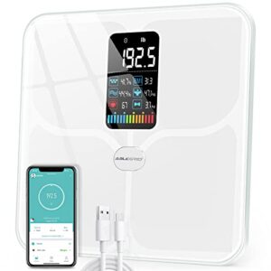 Body Fat Scale, ABLEGRID Digital Smart Bathroom Scale for Body Weight, Large LCD Display Screen, 16 Body Composition Metrics BMI, Water Weigh, Heart Rate, Baby Mode, 400lb, Rechargeable (White)