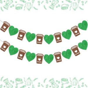 coffee bar banner green, glitter coffee cup and heart garland, latte banner for birthday bachelorette engagement wedding baby shower party, coffee bar wall table decorations