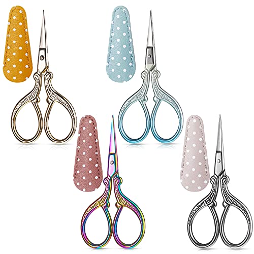 4 Pcs Sewing Embroidery Scissors with 4 Pcs Artificial Leather Cover 3.6 Inch Stainless Steel Stork Scissors Vintage Embroidery Scissors for Needlework, Manual Sewing Handicraft (Retro Colors)