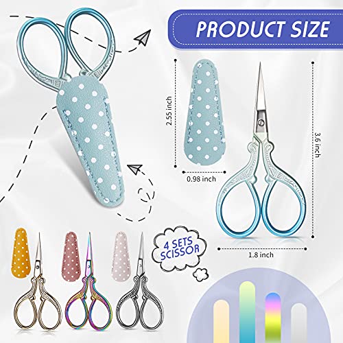 4 Pcs Sewing Embroidery Scissors with 4 Pcs Artificial Leather Cover 3.6 Inch Stainless Steel Stork Scissors Vintage Embroidery Scissors for Needlework, Manual Sewing Handicraft (Retro Colors)