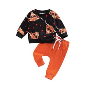 newborn baby valentine’s outfits set infant boy girl crewneck sweatshirt elastic waist pants heart print fall spring clothes (orange,18-24 months)