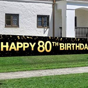 Greatingreat Large Cheers to 80 Years Banner, Black Gold 80 Anniversary Party Sign, 80th Happy Birthday Banner(9.8feet X 1.6feet)