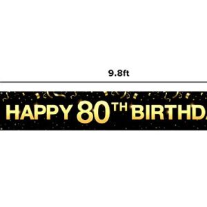 Greatingreat Large Cheers to 80 Years Banner, Black Gold 80 Anniversary Party Sign, 80th Happy Birthday Banner(9.8feet X 1.6feet)