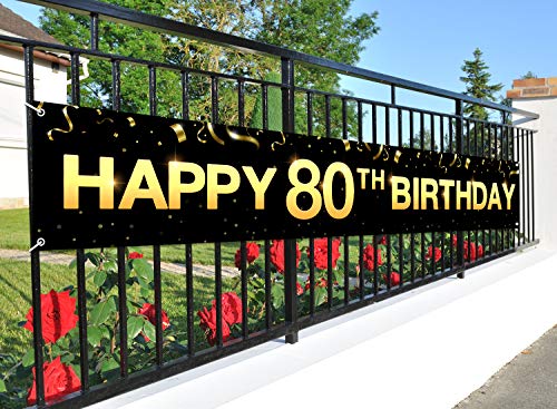 Greatingreat Large Cheers to 80 Years Banner, Black Gold 80 Anniversary Party Sign, 80th Happy Birthday Banner(9.8feet X 1.6feet)