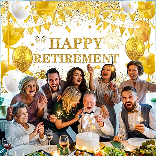 Gold and White Retirement Party Decorations for Men Women Extra Large White Gold Happy Retirement Banner Photo Booth Backdrop Background for Retirement Farewell Party Supplies