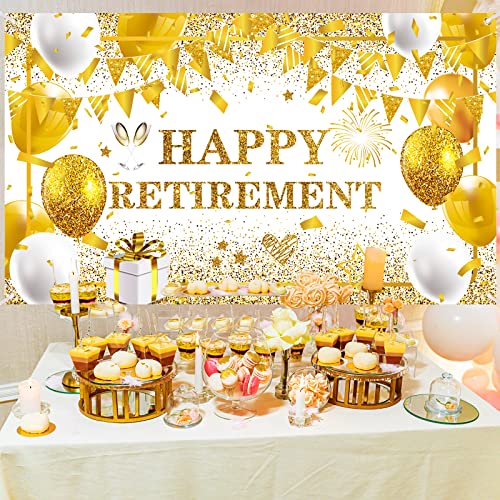 Gold and White Retirement Party Decorations for Men Women Extra Large White Gold Happy Retirement Banner Photo Booth Backdrop Background for Retirement Farewell Party Supplies