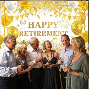 Gold and White Retirement Party Decorations for Men Women Extra Large White Gold Happy Retirement Banner Photo Booth Backdrop Background for Retirement Farewell Party Supplies