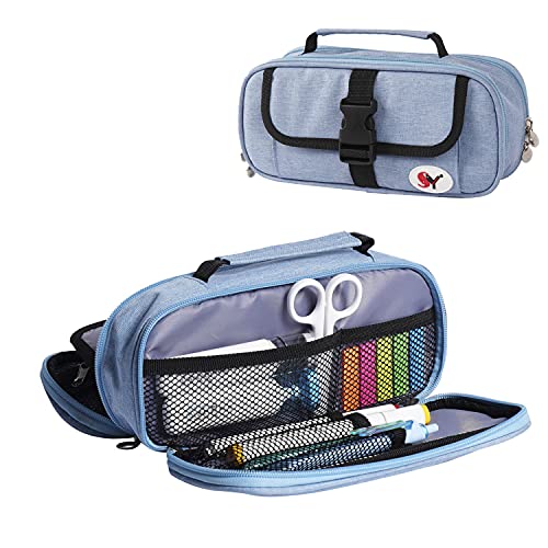 SY Big Capacity Pencil Case Pen Bag Storage Large Handheld Pen Pouch Bag Multiple Compartment Double Zipper Cosmetic Case High School Organizer College Student Girl Teen Adult-BLUE