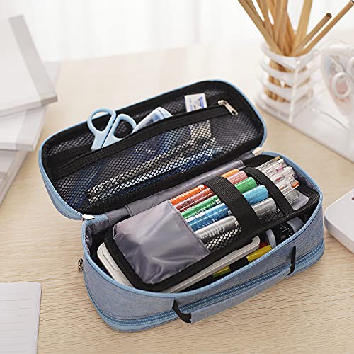 SY Big Capacity Pencil Case Pen Bag Storage Large Handheld Pen Pouch Bag Multiple Compartment Double Zipper Cosmetic Case High School Organizer College Student Girl Teen Adult-BLUE