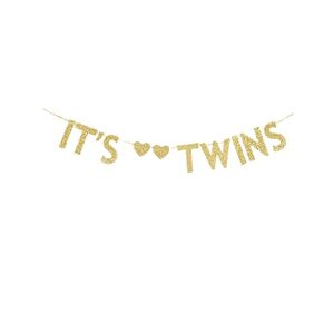 it’s twins banner, twins baby shower party/gender reveal party decorations gold gliter paper signs