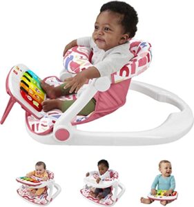 fisher-price portable baby chair, deluxe sit-me-up seat with kick & play piano learning-toy for babies and toddlers, pink