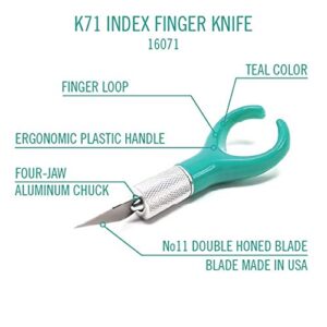 Excel Blades K71 Fingertip Craft Knife - 7 Inch Ergonomic Hobby Knife With Finger Loop - Crafting Supplies - Scrapbooking Knife and Cutting Tool For Precision Cutting and Trimming - Green Teal