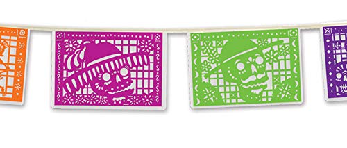 Beistle - 941 Beistle Day of the Dead Picado Style Pennant Banner Hanging Decorations, Halloween Party Supplies, 8" x 12', Multicolored