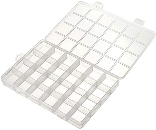 Juvielich Clear Plastic Organizer Box, 24 Fixed Grids Storage Container Jewelry Box for Beads Art DIY Crafts Jewelry Fishing Tackles 7.68" x 5.31" x 0.98"(LxWxH)