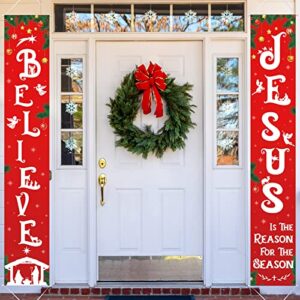 christmas front porch banners religious nativity scene sign holiday hanging banner xmas decoration for front door believe jesus is the reason for the season 12 x 71 inch