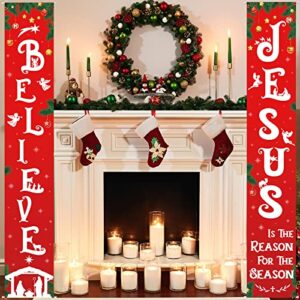 Christmas Front Porch Banners Religious Nativity Scene Sign Holiday Hanging Banner Xmas Decoration for Front Door Believe Jesus is The Reason for The Season 12 x 71 Inch