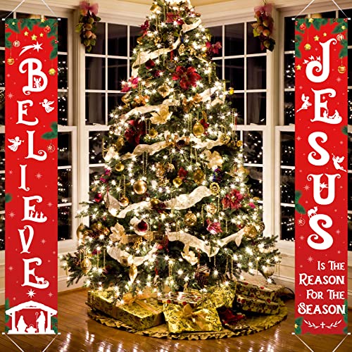 Christmas Front Porch Banners Religious Nativity Scene Sign Holiday Hanging Banner Xmas Decoration for Front Door Believe Jesus is The Reason for The Season 12 x 71 Inch