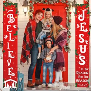 Christmas Front Porch Banners Religious Nativity Scene Sign Holiday Hanging Banner Xmas Decoration for Front Door Believe Jesus is The Reason for The Season 12 x 71 Inch