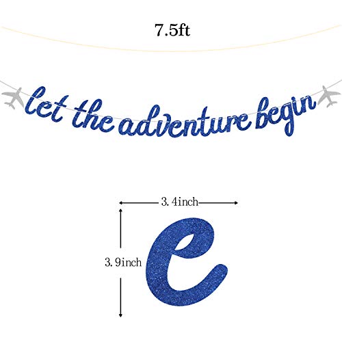 Blue Glitter Let The Adventure Begin Banner - Congrats Grad Bunting Sign - Graduation/Retirement/Bon Voyage/Baby Shower/Moving Party/Travel Theme Party Decorations