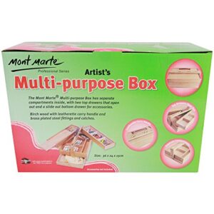 Mont Marte Multi-Purpose Wooden Art Box. 3 Layers of Storage for Organizing Art Supplies. Features a Leather Carry Handle for Easy Transport