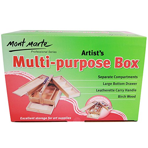 Mont Marte Multi-Purpose Wooden Art Box. 3 Layers of Storage for Organizing Art Supplies. Features a Leather Carry Handle for Easy Transport