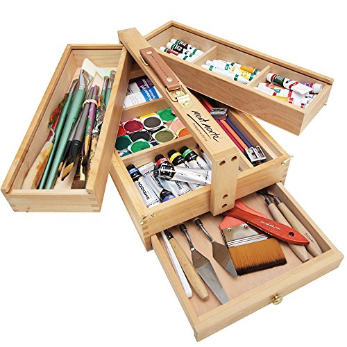 Mont Marte Multi-Purpose Wooden Art Box. 3 Layers of Storage for Organizing Art Supplies. Features a Leather Carry Handle for Easy Transport