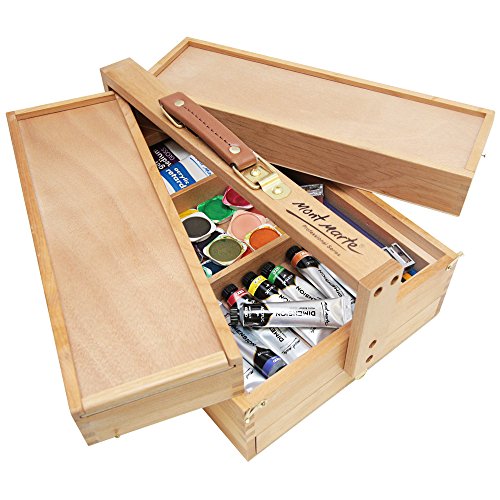 Mont Marte Multi-Purpose Wooden Art Box. 3 Layers of Storage for Organizing Art Supplies. Features a Leather Carry Handle for Easy Transport