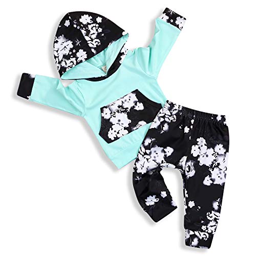 HAPPYMA HappMA Infant Baby Girl Fall Outfits Long Sleeve Floral Hoodie Tops Pants Clothes Set 6-12(80), Green+black, 6-12 Months