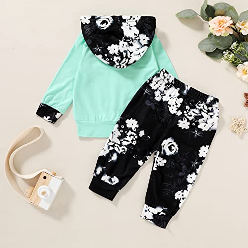 HAPPYMA HappMA Infant Baby Girl Fall Outfits Long Sleeve Floral Hoodie Tops Pants Clothes Set 6-12(80), Green+black, 6-12 Months