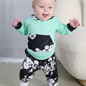 HAPPYMA HappMA Infant Baby Girl Fall Outfits Long Sleeve Floral Hoodie Tops Pants Clothes Set 6-12(80), Green+black, 6-12 Months