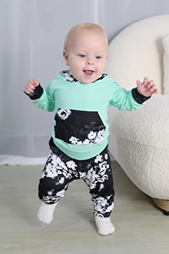 HAPPYMA HappMA Infant Baby Girl Fall Outfits Long Sleeve Floral Hoodie Tops Pants Clothes Set 6-12(80), Green+black, 6-12 Months