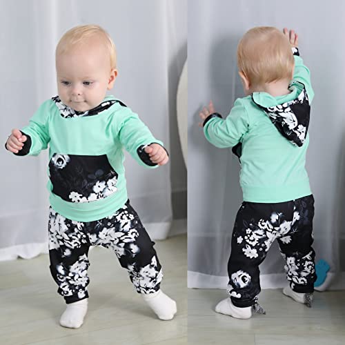 HAPPYMA HappMA Infant Baby Girl Fall Outfits Long Sleeve Floral Hoodie Tops Pants Clothes Set 6-12(80), Green+black, 6-12 Months