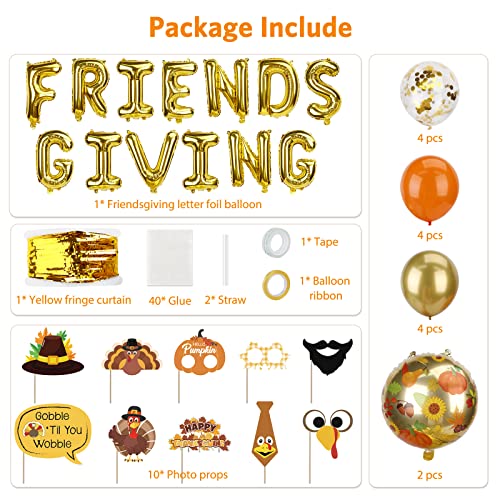 Friendsgiving Party Decorations, Friendsgiving Balloons Garland Kit includes Gold "FRIENDS GIVING" Foil Banner, 14 Balloons, 10 Photo Props and 1 Gold Fringe Curtain, 38 Pcs Thanksgiving Fall Decor