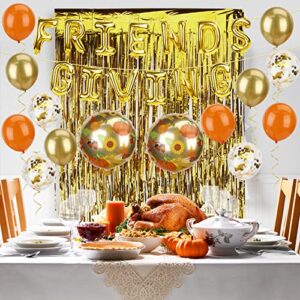 Friendsgiving Party Decorations, Friendsgiving Balloons Garland Kit includes Gold "FRIENDS GIVING" Foil Banner, 14 Balloons, 10 Photo Props and 1 Gold Fringe Curtain, 38 Pcs Thanksgiving Fall Decor