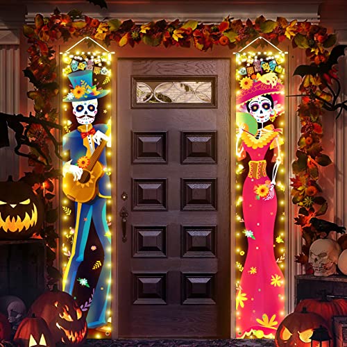 Halloween Decorations Indoor Dia De Los Muertos/Day of The Dead Decorations Lighted Porch Signs Banners Outdoor Wall Door Decor (Not Batteries Included)