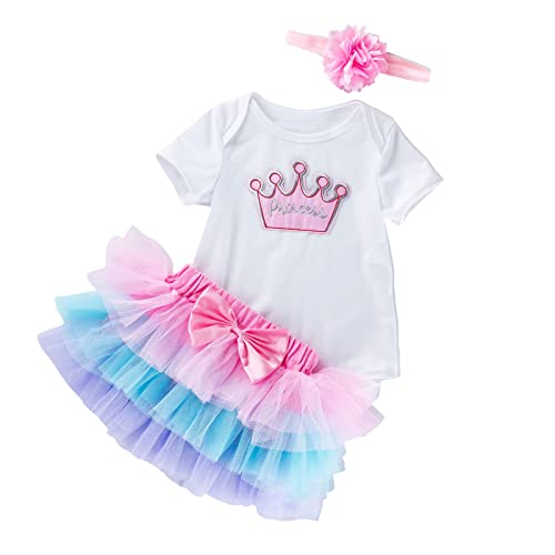 Infant Baby Girls 1st Birthday Outfit Short Sleeve Romper + Tulle Tutu Rainbow Ruffle Skirt + Headband Clothes Set (Crown,66/3-6 M,Unisex,US,Age,Big Kid,3 Months,6 Months)