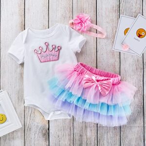 Infant Baby Girls 1st Birthday Outfit Short Sleeve Romper + Tulle Tutu Rainbow Ruffle Skirt + Headband Clothes Set (Crown,66/3-6 M,Unisex,US,Age,Big Kid,3 Months,6 Months)