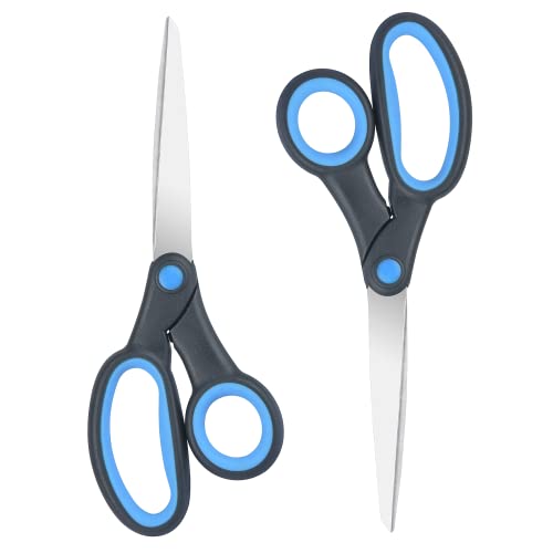 Left Handed Scissors for Adults Kids Student, 8 Inch Lefty Stainless Steel Sharp Blade Soft Comfort-Grip Handles Blunt Scissors, 2-Pack, Blue