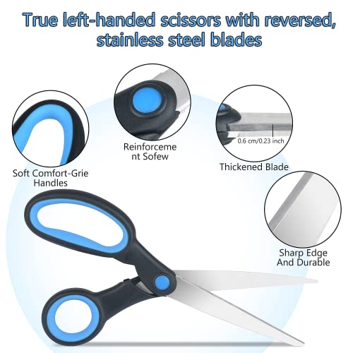Left Handed Scissors for Adults Kids Student, 8 Inch Lefty Stainless Steel Sharp Blade Soft Comfort-Grip Handles Blunt Scissors, 2-Pack, Blue