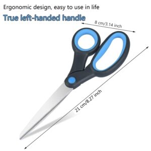 Left Handed Scissors for Adults Kids Student, 8 Inch Lefty Stainless Steel Sharp Blade Soft Comfort-Grip Handles Blunt Scissors, 2-Pack, Blue