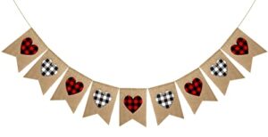 whaline valentine’s day burlap banner with string black red white plaid heart banner pre-assembled vintage banner fireplace wall hanging for party wedding anniversary home decoration