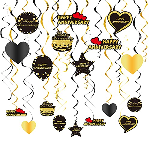 Kauayurk 27Pcs Happy Anniversary Hanging Swirl Decorations - Black Gold Happy Wedding Anniversary Party Swirl Ceiling Backdrop Supplies - Wedding Anniversary Hanging Decor Sign