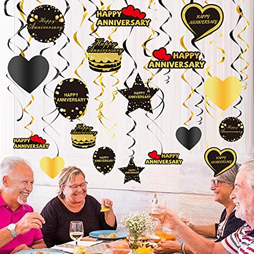 Kauayurk 27Pcs Happy Anniversary Hanging Swirl Decorations - Black Gold Happy Wedding Anniversary Party Swirl Ceiling Backdrop Supplies - Wedding Anniversary Hanging Decor Sign